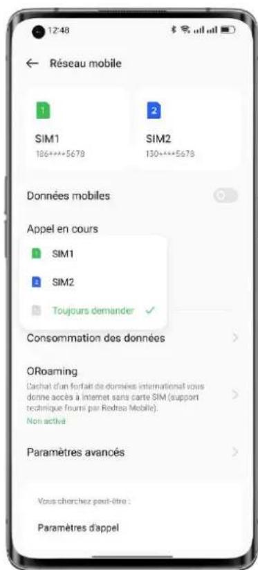 12:48 Réseau mobile SIM1 186****5678 SIM2 130****5678 Données mobiles Appel en cours SIM1 SIM2 Toujours demander ✓ Consommation des données ORoaming Cachat d'un fortait de données international vous donne accès à Internet sans carte SIM (support technique fourni par Rodrea Mobile). Non activé Paramètres avancés Vous cherchez peut-être : Paramètres d'appel