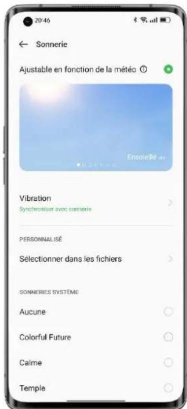 20'46 ← Sonnerie Ajustable en fonction de la météo Ensoilé! Vibration Synchroniser avec sonnerie PERSONNALISÉ Sélectionner dans les fichiers SONNERIES SYSTÈME Aucune Colorful Future Caime Temple