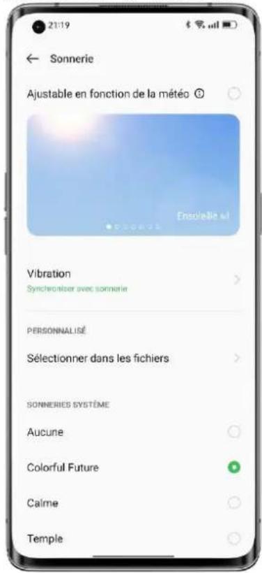 21:19 ← Sonnerie Ajustable en fonction de la météo © Ensoille si Vibration Synchroniser avec sonnerie PERSONNALISÉ Sélectionner dans les fichiers SONNERIES SYSTÈME Aucune Colorful Future Caime Temple