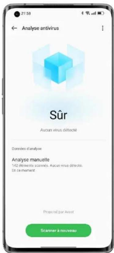 21:58 Analyse antivirus Sûr Aucun virus détecté Données d'analyse Analyse manuelle 142 éléments scanned. Aucun virus détecté. En ce moment Propuré par Avout Scanner à nouveau