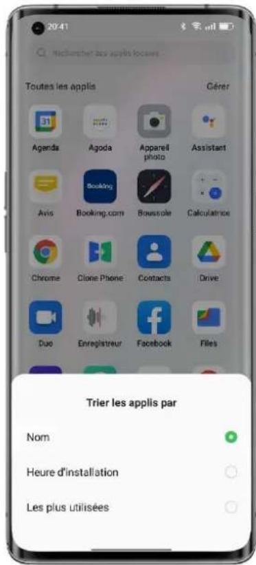 20:41 Nîchamber des applis locaés Toutes les applis Gérer Agenda Agoda Apparell photo Assistant Avis Booking.com Bouwole Calculatrice Chrome Clone Phone Contacts Drive Duo Enregistreur Facebook Files Trier les applis par Nom Heure d'installation Les plus utilisées