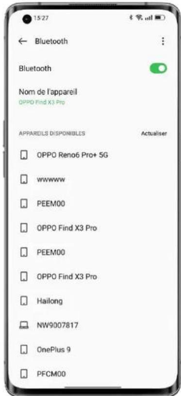 15:27 Bluetooth Bluetooth Nom de l'appareil OPPO Find X3 Pro APPAREILS DISPONIBLES Actualiser OPPO Reno6 Pro+ 5G wwwww PEEM00 OPPO Find X3 Pro PEEM00 OPPO Find X3 Pro Hailong NW9007817 OnePlus 9 PFCM00
