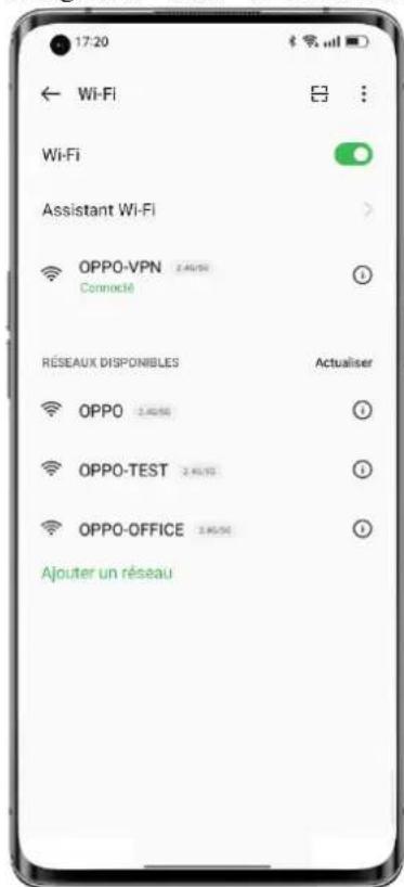 17:20 ← Wi-Fi Wi-Fi Assistant Wi-Fi OPPO-VPN 2.46/50 Connect RéSEAUX DISPONIBLES OPPO 2.46/50 OPPO-TEST 2.46/50 OPPO-OFFICE 3.46/50 Ajouter un réseau Actualiser