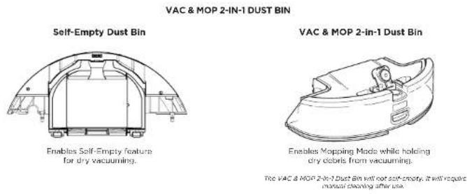 VAC & MOP 2-IN-1 DUST BIN Self-Empty Dust Bin Enables Self-Empty feature for dry vacuuming. VAC & MOP 2-IN-1 Dust Bin Enables Mapping Mode while holding dry debris from vacuuming. The VAC & MOP 2-IN-1 Dust Bin will not self-empty. It will require manual cleaning after use.