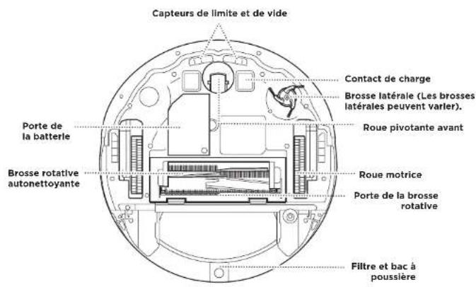 Capteurs de limite et de vide Contact de charge Brosse latérale (Les brosses latérales peuvent varier). Roue pivotante avant Porte de la batterie Brosse rotative autonettoyante Roue motrice Porte de la brosse rotative Filtre et bac à poussière