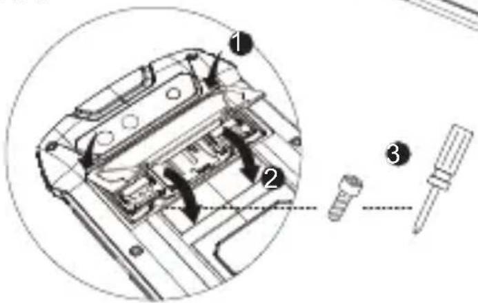 Technical diagram of a mechanical device with numbered components and directional arrows indicating assembly or movement.
