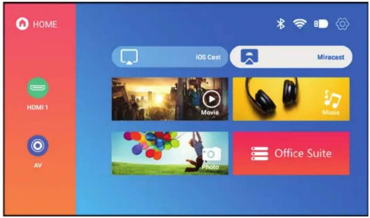 HOME iOS Cast Miracast HDMI 1 Movie Music Photo Office Suite