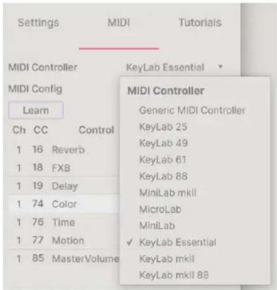 Arturia Augmented GRAND PIANO - Menu contrôleur MIDI - 1