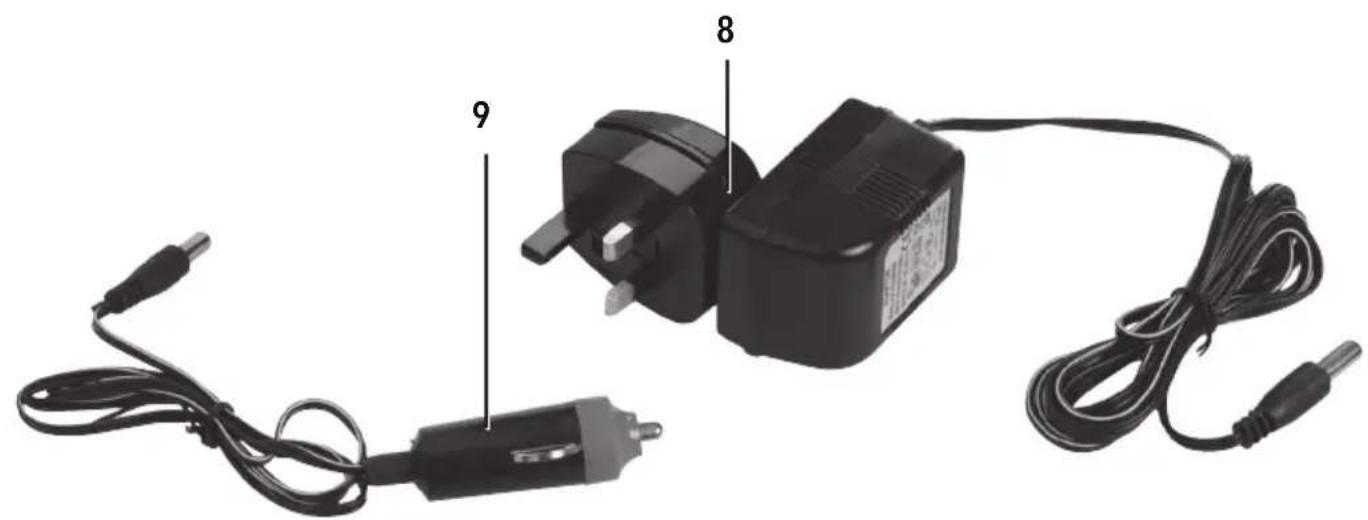 Diagram of an electrical adapter with labeled components including a power plug and cable, marked with numbers 8 and 9.