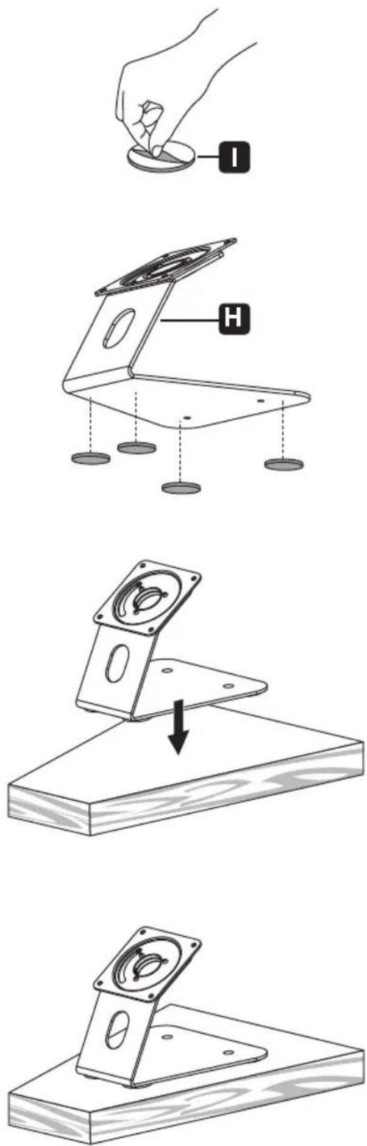 Technical diagram showing four steps of a mechanical assembly with labeled components (I, H) and directional arrows indicating process flow.