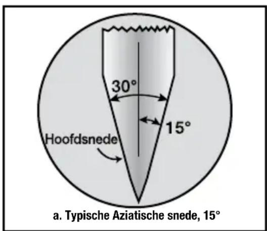 Hoofdsnede 30° 15° a. Typische Aziatische snede, 15°