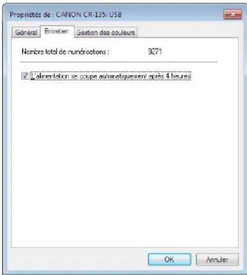 Propriétés de : CANON CR-1351 USB Général Entretien Gestion des couleurs Nombre l'été de numérations : 3271 é l'alimentation se coupé automatiquement après 4 heures OK Annuler