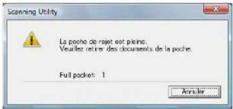 Scanning Utility La poche de rojet est pleine. Veuillez retirer des documents de la poche. Full pocket: 1 Arruler...