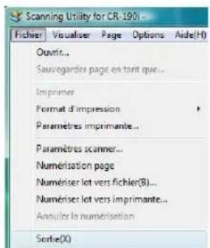 Scanning Utility for CR-190 Fichier Visualiser Page Options Aide(H) Ouvrit... Sauvregarder page en tant que... Imprimer Format d'impression Paramètres imprimante... Paramètres scanner... Numérisation page Numériser lot vers fichier(B)... Numériser lot vers imprimante... Annulier la numérisation Sortie(X)