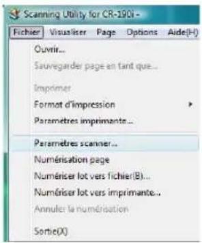 Scanning Utility for CR-1901 - Fichier Visualiser Page Options Aide(H) Ouvir... Sauvregarder page en tant que... Imprimer Format d'impression Paramètres imprimante... Paramètres scanner... Numérisation page Numériser lot vers fichier(B)... Numériser lot vers imprimante... Annuler la numérisation Sortie(X)
