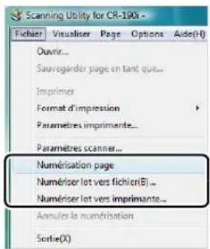 Scanning Utility for CR-190i - Fichier Visualiser Page Options Aide(H) Ouvir... Sauvégarder page en tant que... Imprimer Format d'impression Paramètres imprimente... Paramètres scanner... Numérisation page Numériser lot vers fichier(B) ... Numériser lot vers imprimante... Annuler la numérisation Sortie(X)