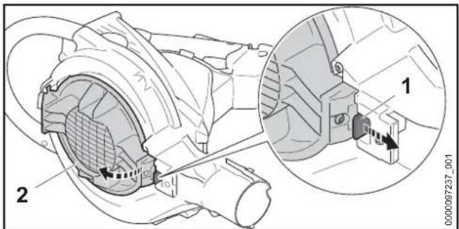 Technical diagram of a mechanical assembly with labeled parts and an inset view showing component 1.