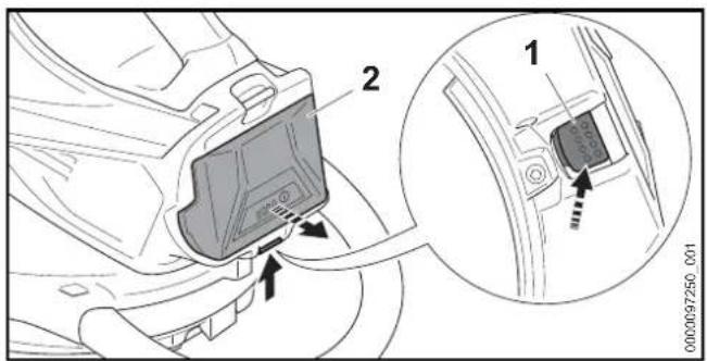 Technical diagram showing a device labeled '2' connected to a cable, with an inset close-up highlighting a component with arrows and dotted lines.