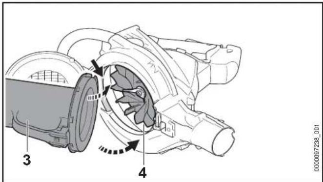 Technical diagram of a turbocharger assembly with labeled components and directional arrows indicating flow or movement.