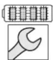 Technical diagram showing safety warning symbols and mechanical components with labels 1 and 2