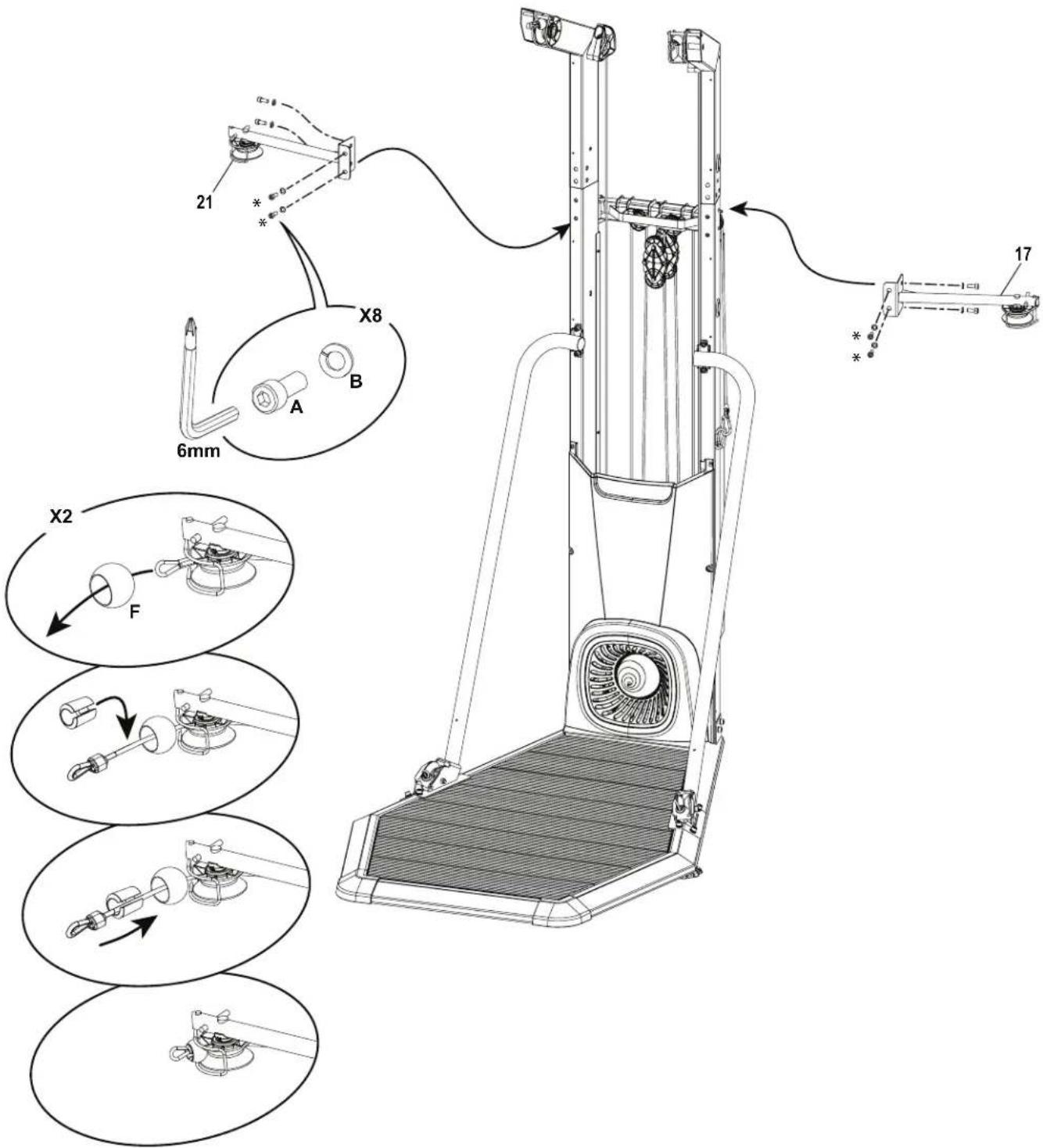 BOWFLEX HVT - Arrimez les bras de la poulie médiane et passez les cordes médianes. - 1