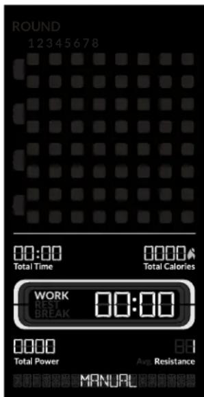 ROUND 12345678 00:00 Total Time 0000 Total Calories WORK REST BREAK 00:00 0000 Total Power Avg Resistance MANUAL