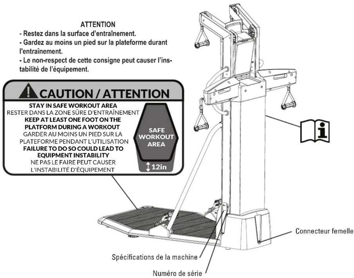 ATTENTION - Restez dans la surface d'entraînement. - Gardez au moins un pied sur la plateforme durant l'entraînement. - Le non-respect de cette consigne peut causer l'instabilité de l'équipement. CAUTION / ATTENTION STAY IN SAFE WORKOUT AREA RESTER DANS LA ZONE SÛRE D'ENTRAÎNEMENT KEEP AT LEAST ONE FOOT ON THE PLATFORM DURING A WORKOUT GARDER AU MOINS UN PIED SUR LA PLATEFORME PENDANT L'UTILISATION FAILURE TO DO SO COULD LEAD TO EQUIPMENT INSTABILITY NE PAS LE FAIRE PEUT CAUSER L'INSTABILITÉ D'ÉQUIPEMENT SAFE WORKOUT AREA ↑12in Connecteur femelle Spécifications de la machine Numéro de série