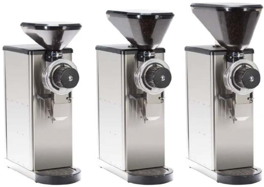 Three identical stainless steel coffee maker machines with different spools of powder, shown from different angles (no text or labels visible)