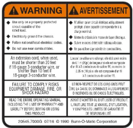 WARNING Use only on a property protected circuit capable of the rated load. Electrically ground the chassis. Follow national/local electrical codes. Do not use near combustibles. R'utiliser pour circuit diatricals d'équatement protégé d'une capacité correspondante à la charge nominal. Mette de crôts…