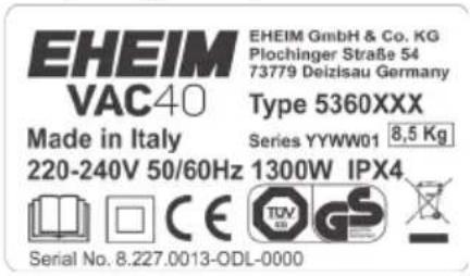 EHEIM VAC40 - Plaque signalétique - 1