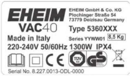 EHEIM VAC40 - Tip plakası - 1