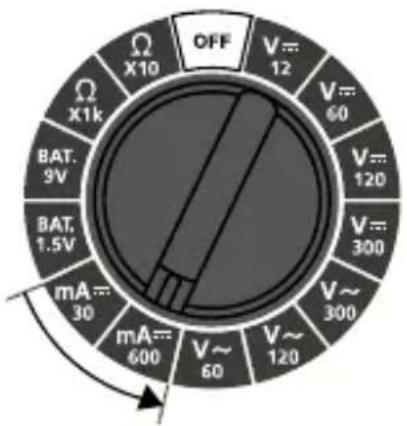 OFF V=12 V=60 V=120 V=300 V~300 V~120 mA=30 mA=600 mA=600 BAT.9V BAT.1.5V X1k X10 Ω Ω V~60
