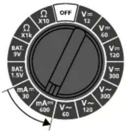 OFF V=12 V=60 V=120 V=300 V~300 V~120 mA=30 mA=600 mA=600 BAT.9V BAT.1.5V X1k X10 Ω Ω V~60