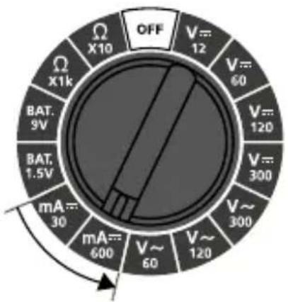 OFF V=12 V=60 V=120 V=300 V~300 mA=30 mA=600 V~60 V~120 BAT.9V BAT.1.5V X1k X10 Ω Ω mA=30