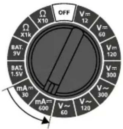 OFF V=12 V=60 V=120 V=300 V~300 V~120 mA=30 mA=600 mA=600 BAT.9V BAT.1.5V X1k X10 Ω Ω V~120