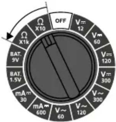 OFF V=12 V=60 V=120 V=300 V=300 V=60 mA=30 mA=600 BAT.9V BAT.1.5V X1k X10 Ω Ω X1k