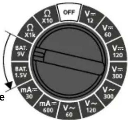 OFF V=12 V=60 V=120 V=300 V=300 mA=30 mA=600 V=60 V=120 BAT.9V BAT.1.5V X1k X10 e