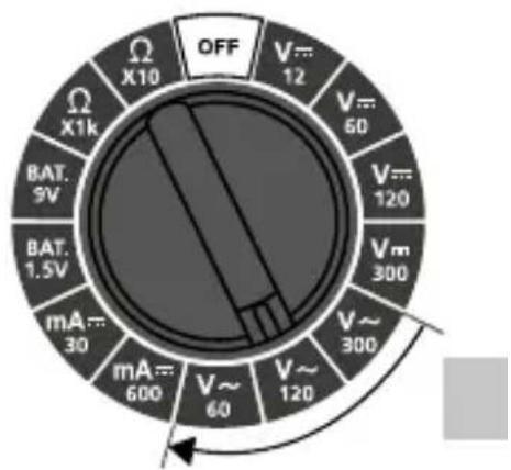 OFF V=12 V=60 V=120 Vm 300 V=300 mA=600 mA=60 BAT. 9V BAT. 1.5V X1k X10 OFF