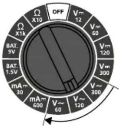 OFF V=12 V=60 V=120 Vm300 V~300 mA=30 mA=600 V~60 V=120 BAT.9V BAT.1.5V X1k X10 Ω Ω Vm