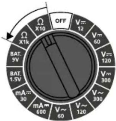 OFF V=12 V=60 V=120 V=300 V=300 mA=30 mA=600 mA=60 BAT.9V BAT.1.5V BAT.10 X1k X10 X10