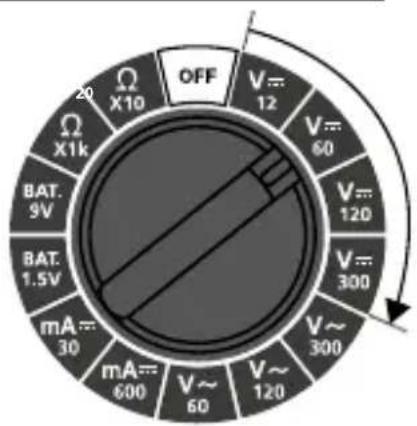 OFF V=12 V=60 V=120 V=300 V~300 mA=30 mA=600 V~60 V=120 BAT.9V BAT.1.5V X1k X10 20 Ω OFF