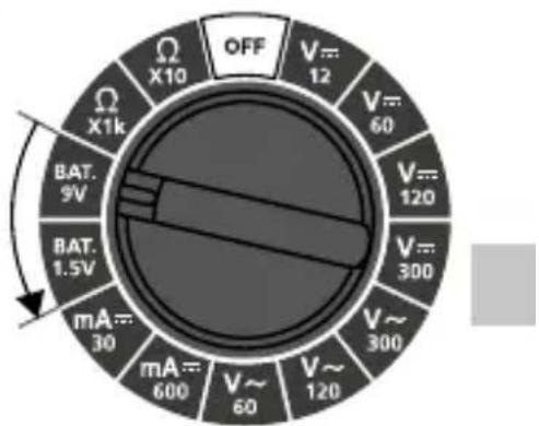 OFF V=12 V=60 V=120 V=300 V=300 mA=30 mA=600 V=60 V=120 BAT.9V BAT.1.5V X1k X10 OFF