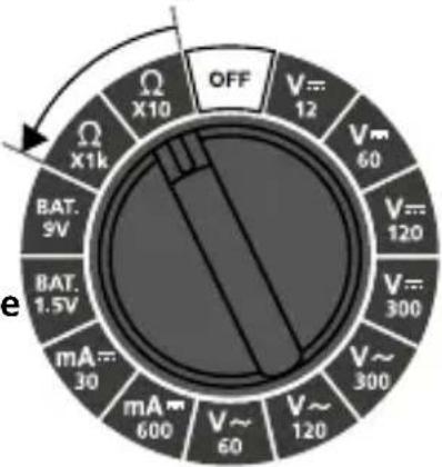 OFF V=12 V=60 V=120 V=300 V=300 V=120 mA=30 mA=600 BAT. 9V BAT. 1.5V X1k X10 Ω e