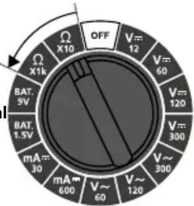 OFF V=12 V=60 V=120 V=300 V=300 V=60 mA=600 mA=30 BAT. 9V BAT. 1.5V X1k X10 Ω Ω H