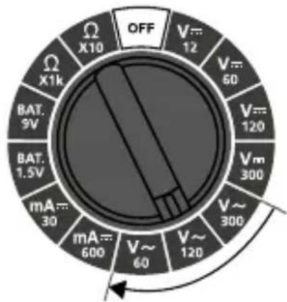 OFF Ω X10 Ω X1k BAT. 9V BAT. 1.5V mA ... 30 mA ... 600 V ... 12 V ... 60 V ... 120 Vm 300 V ~ 300 V ~ 120 V ~ 60