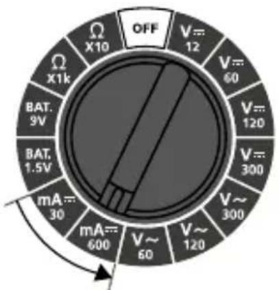 OFF V=12 V=60 V=120 V=300 V~300 mA=30 mA=600 V~60 V~120 BAT.9V BAT.1.5V X1k X10 Ω Ωx10