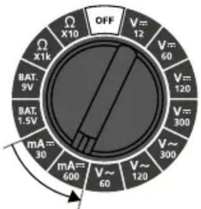 OFF V=12 V=60 V=120 V=300 V~300 V~120 mA=30 mA=600 mA=600 BAT.9V BAT.1.5V X1k X10 Ω Ω V~120