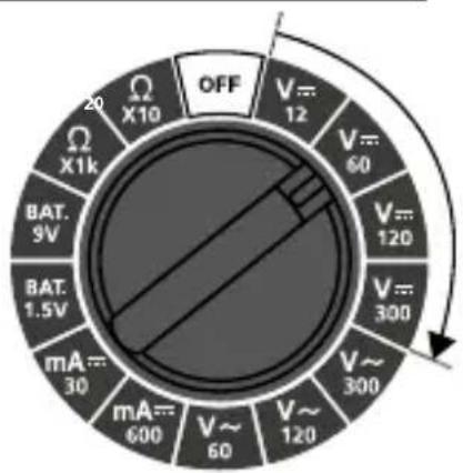 OFF 20 Ω X10 Ω X1k BAT. 9V BAT. 1.5V mA=30 mA=600 V=12 V=60 V=120 V=300 V=300 V=120 V=60 V=120 V=300 V=60 V=120 V=300 V=60 V=120 V=300 V=60 V=120 V=300 V=60 V=120 V=300 V=60 V=120 V=300 V=60 V=120 V=300 V=60 V=120 V=300