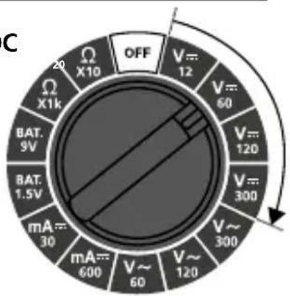 C OFF V=12 V=60 V=120 V=300 V=300 mA=30 mA=600 V=60 V=120 BAT.9V BAT.1.5V X1k X10 20 C