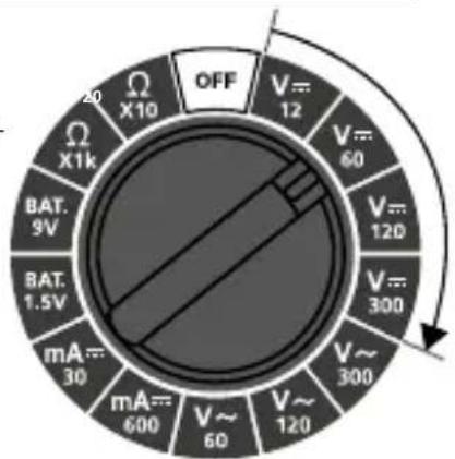OFF V=12 V=60 V=120 V=300 V=300 mA=30 mA=600 V=60 V=120 BAT.9V BAT.1.5V X1k X10 20